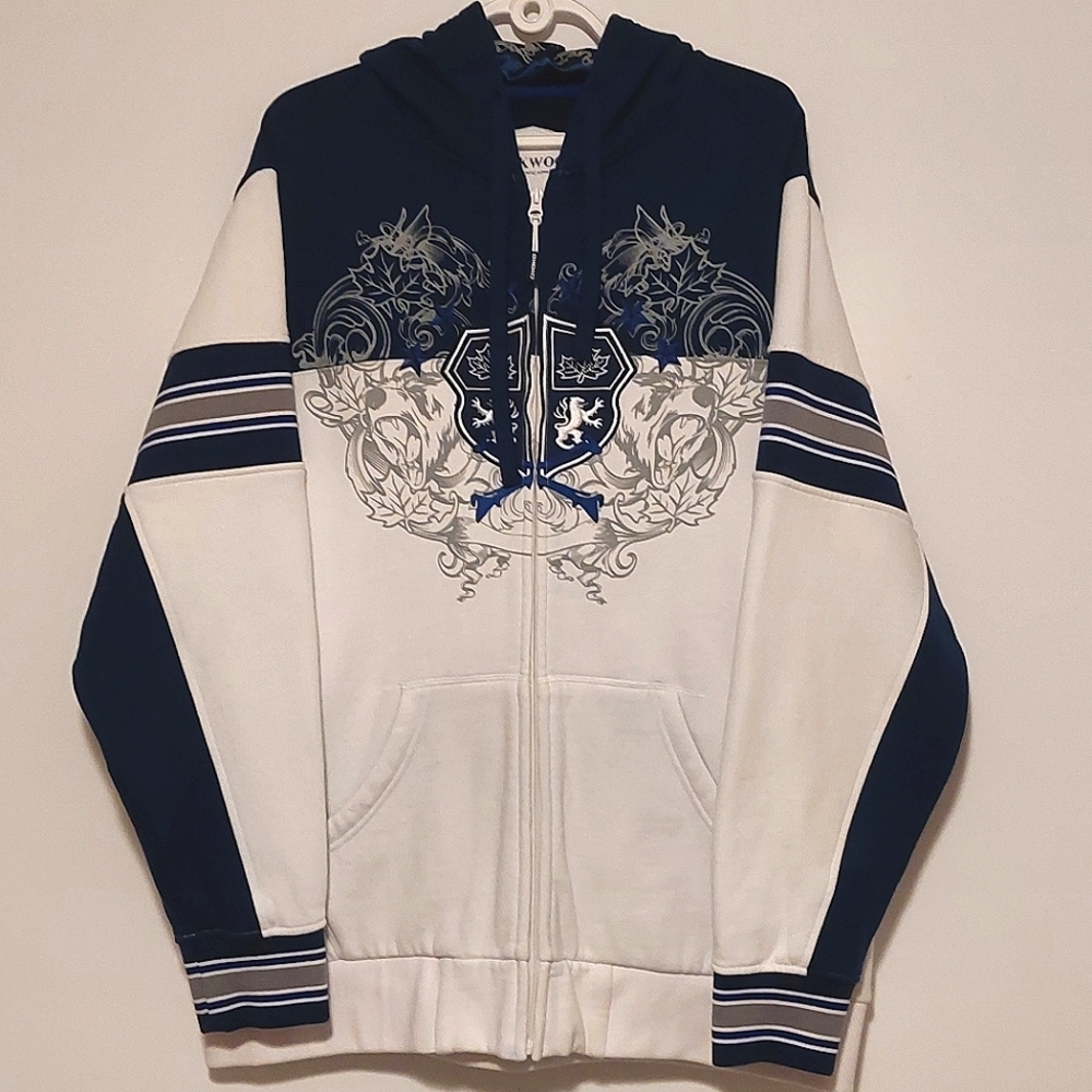 Choko Authentic Apparel Men's Blue & White Zip-Up Graphic Hoodie y2k